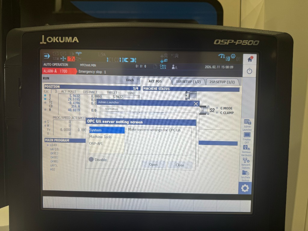 Okuma OSP-P500 OPC UA server setting screen — System, Machine Tools, OSP-API options