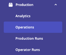 Production menu in the left-hand navigation showing Analytics, Operations, Production Runs, and Operator Runs