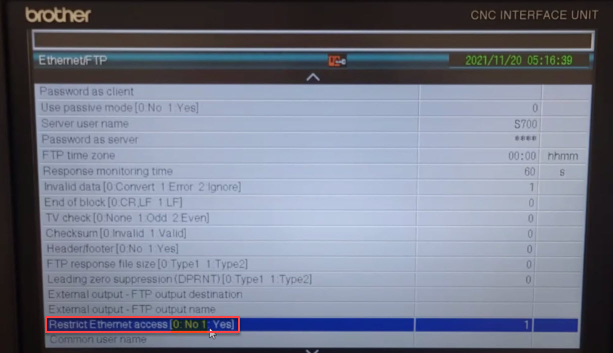 Restrict Ethernet Access set to 0