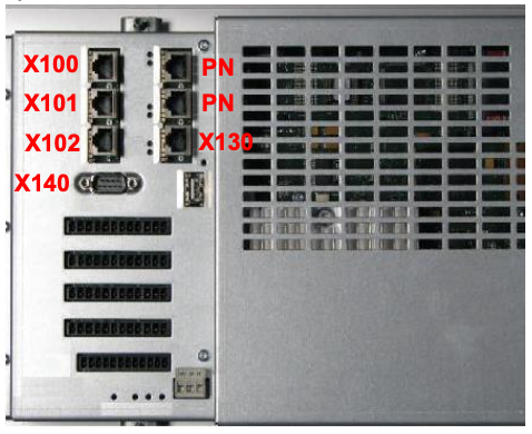 Siemens NCU rear panel — Ethernet port labels X100, X101, X102, X130 (company network), X140
