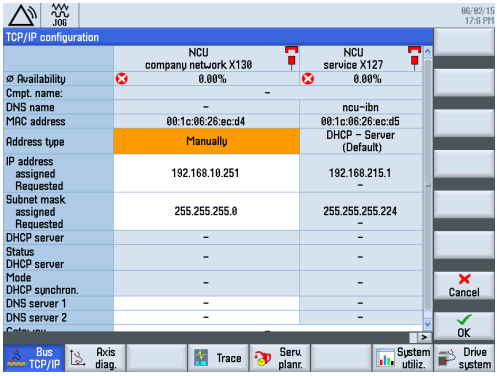 Siemens TCP/IP configuration screen — NCU company network X130 showing static IP address assignment