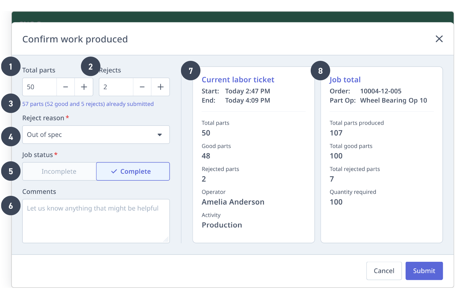 Labor ticket form with numbered callouts