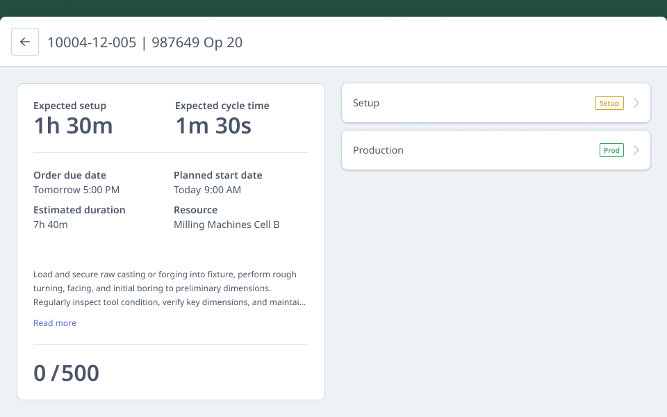 Select activity screen showing job details and Setup/Production options