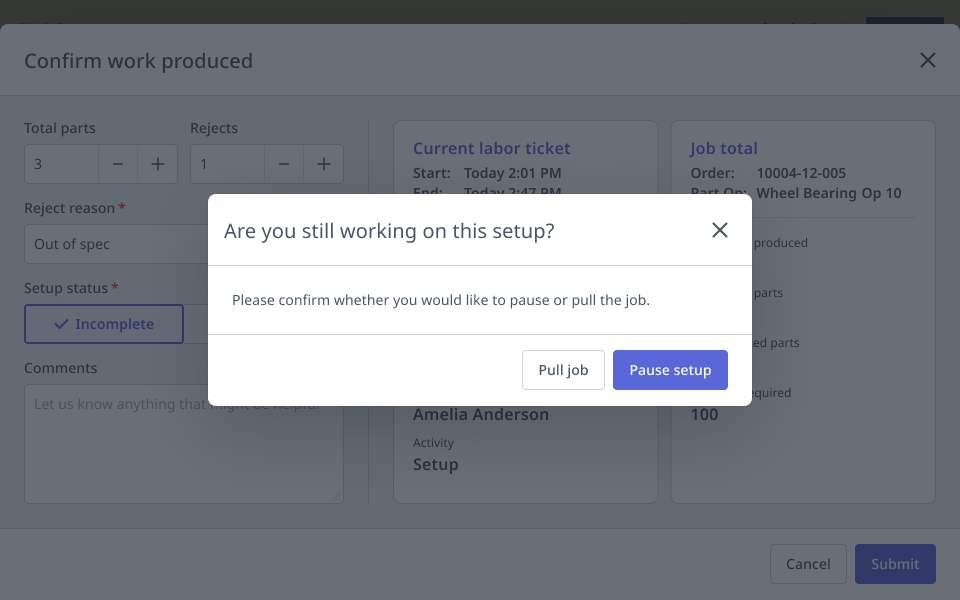 Pause setup confirmation dialog